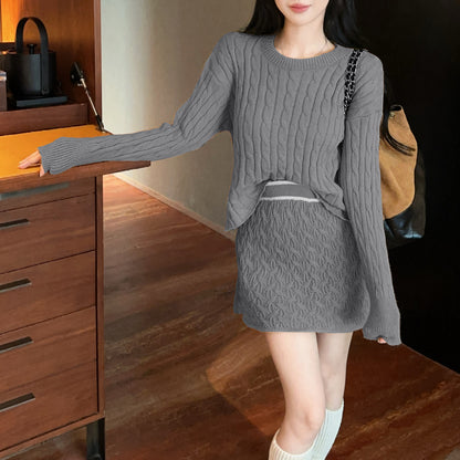 Retro Sexy Round Neck Cable Knit Top High Waist Miniskirt Set