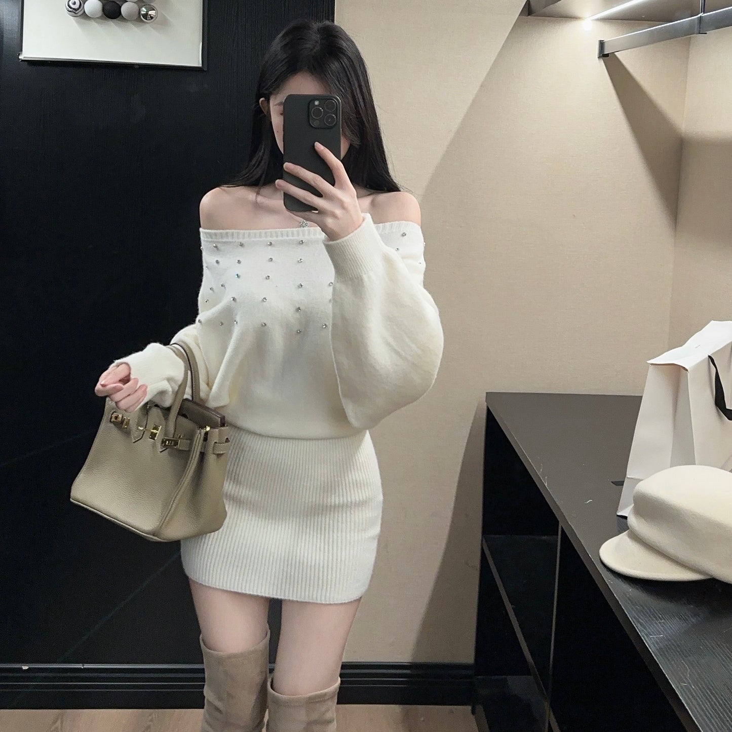 French-Style Sexy Off-Shoulder Rhinestone Knit Dress