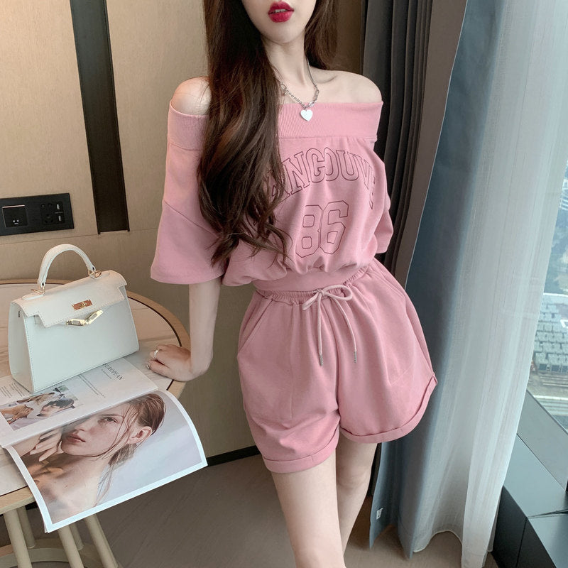 Athleisure-Style Off-Shoulder Printed T-Shirt And Shorts Set