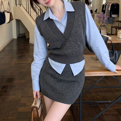 Casual-Chic Three-Piece Set Featuring A Knit Vest And A Mini Skirt