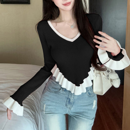 Ruffle Contrast Color Fashionable Sexy Irregular Long-Sleeved Knitted T-Shirt