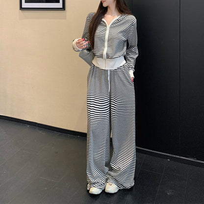 Casual-Chic Two-Piece Set Featuring A Hooded Zip-Up Cardigan And Wide-Leg Trousers