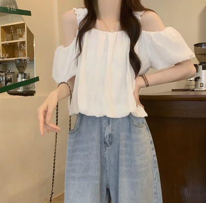 Chic Pink Off-the-Shoulder Puff-Sleeve Blouse
