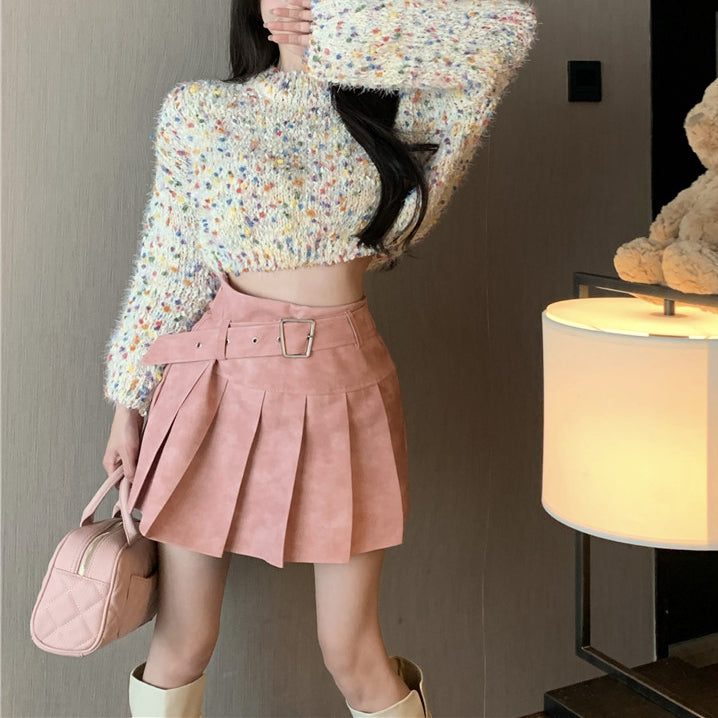 Sexy Colorful Crochet Knit Sweater And Pleated Skirt Set