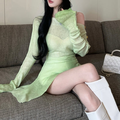 Gradient Color Off-Shoulder Metal Button Sexy Irregular Long-Sleeved Blouse