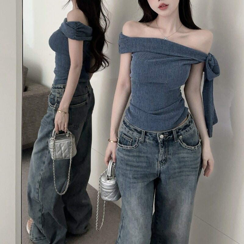 Sexy Off-The-Shoulder Solid-Color Top