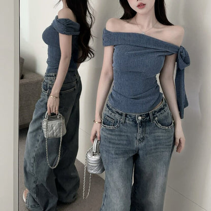 Sexy Off-The-Shoulder Solid-Color Top