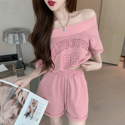 Athleisure-Style Off-Shoulder Printed T-Shirt And Shorts Set