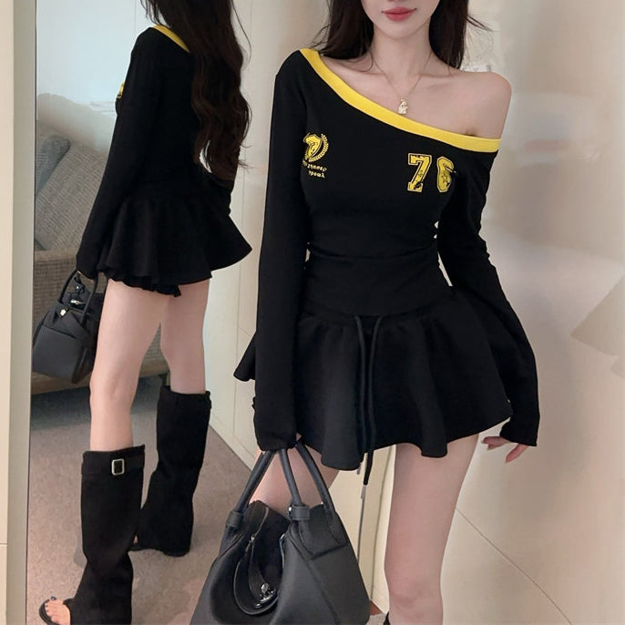 Sexy Color-Block One-Shoulder Long-Sleeve T-Shirt
