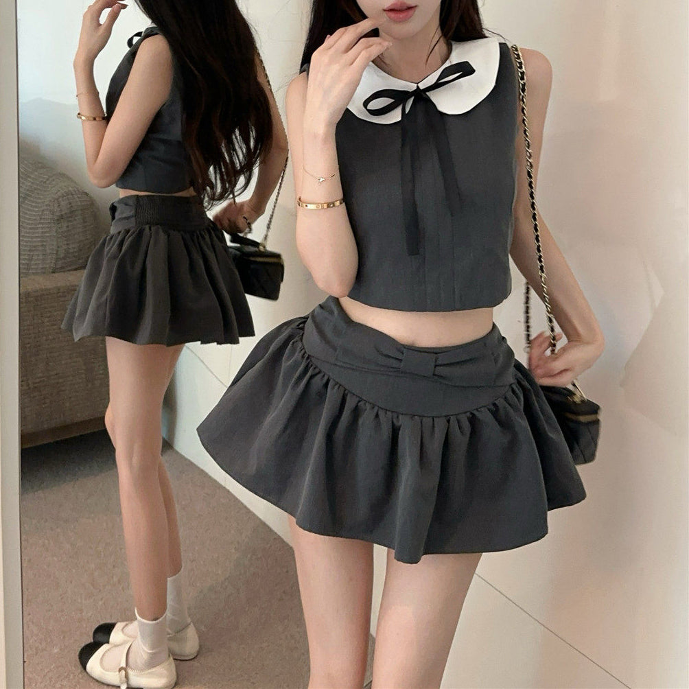 Preppy Style Color-Blocked Off-Shoulder Sleeveless Vest And Skirt Set