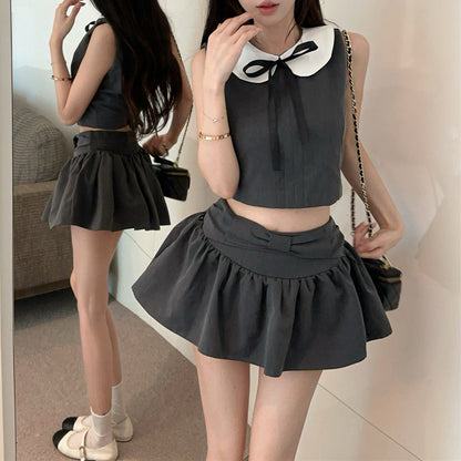 Preppy Style Color-Blocked Off-Shoulder Sleeveless Vest And Skirt Set