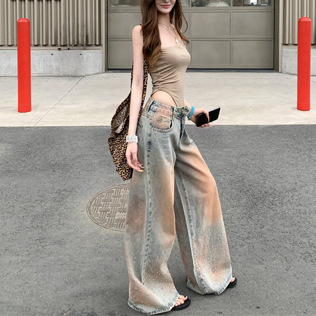 Sexy Strapless Bodysuit And Loose-Fit Jeans Set