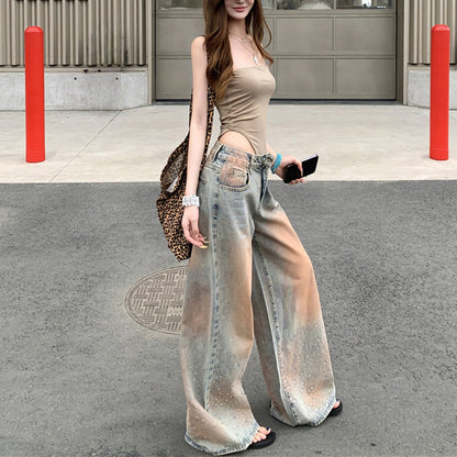 Sexy Strapless Bodysuit And Loose-Fit Jeans Set