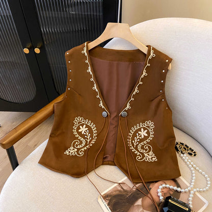 Heavy-Duty Embroidered Studded Cardigan Vest