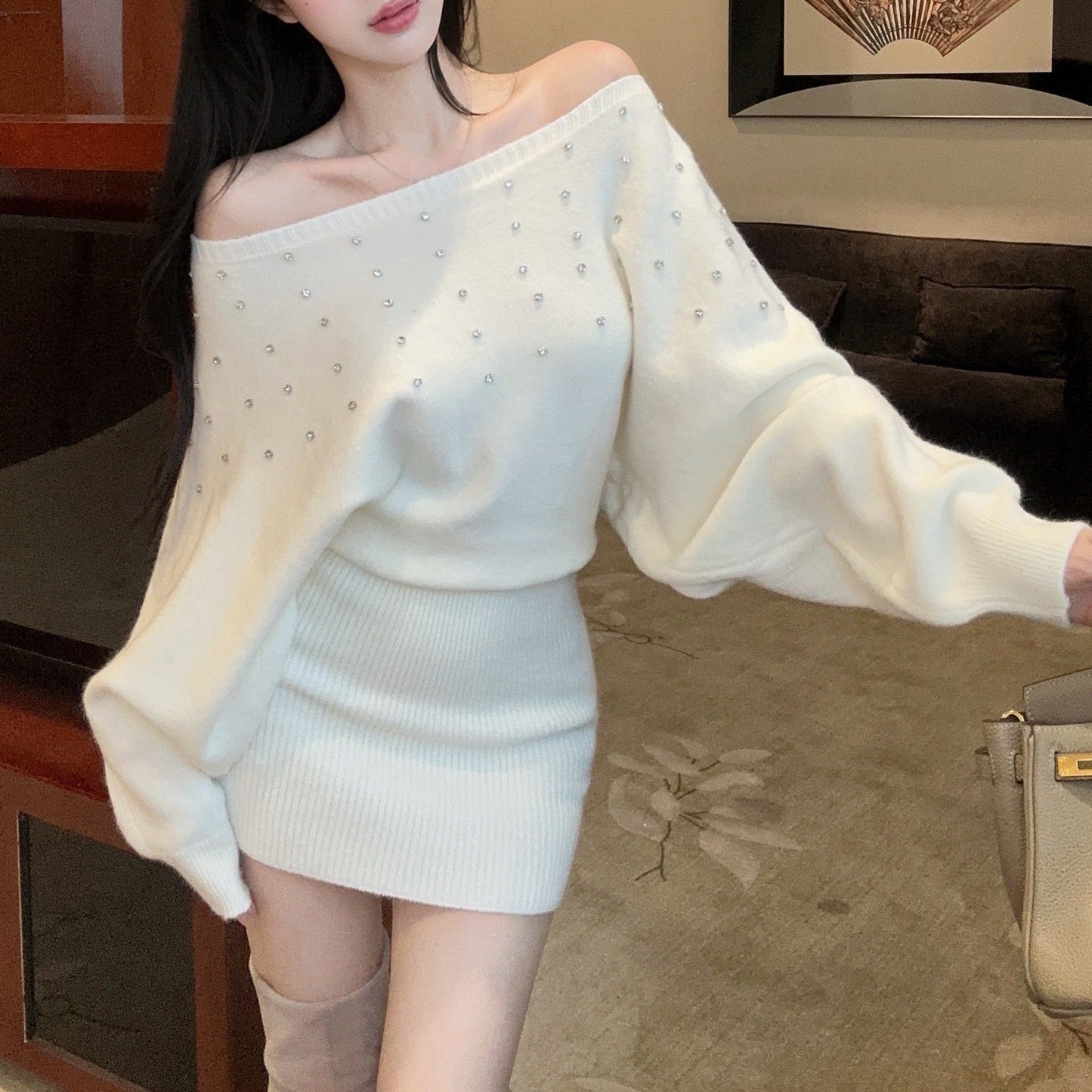 French-Style Sexy Off-Shoulder Rhinestone Knit Dress