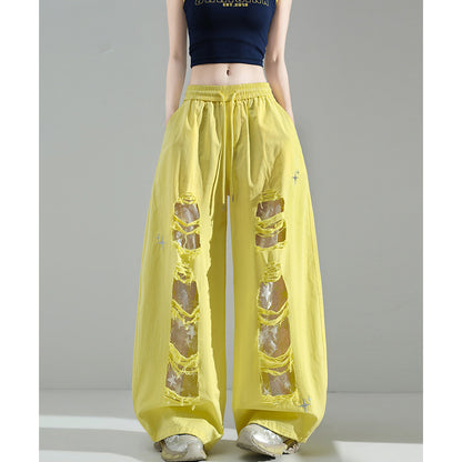 Fashionable Embroidered Lace Patchwork Curved Trousers