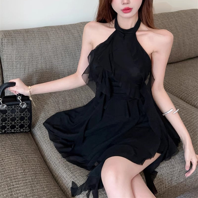 Halter Neck Ribbon Backless Little Black Dress