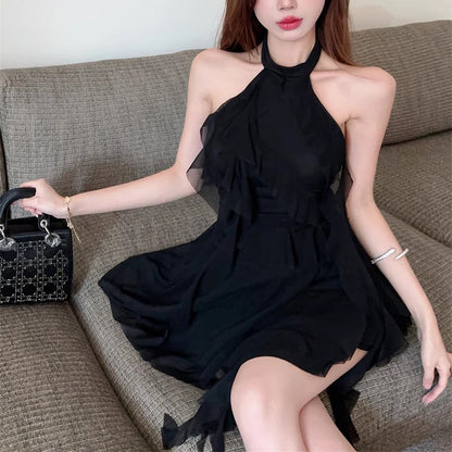 Halter Neck Ribbon Backless Little Black Dress