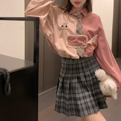 Retro Embroidered Corduroy Color-Blocked Tie Shirt