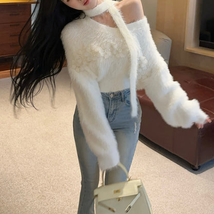 Sweet And Sexy Fluffy Ribbon Knitted Sweater