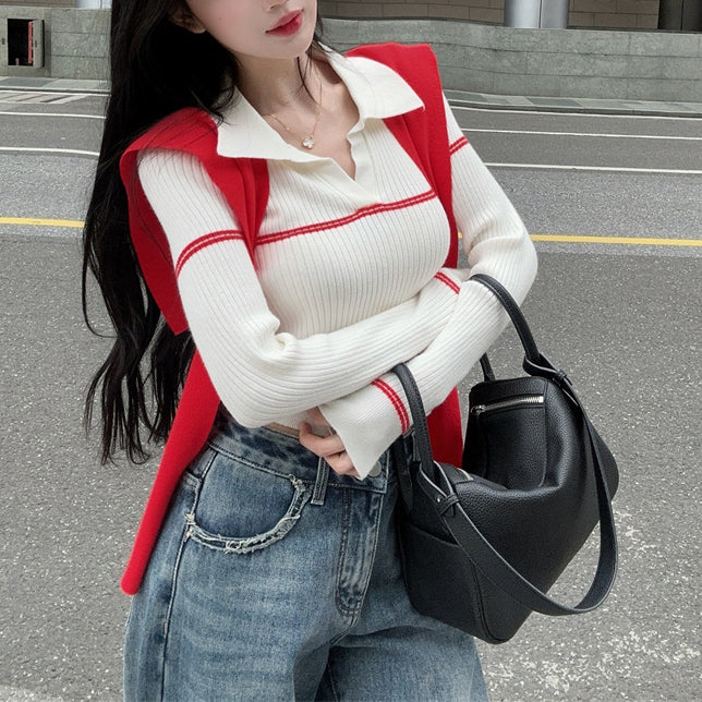 Niche Sexy Contrast Color Lapel Sweater Top