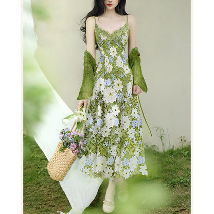 Green Cardigan And Hollow-Out Strap Dress Two-Piece Set