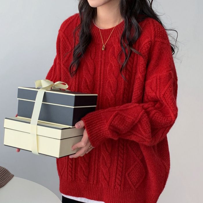 Christmas Red Cable-Knit Crew Neck Pullover Sweater