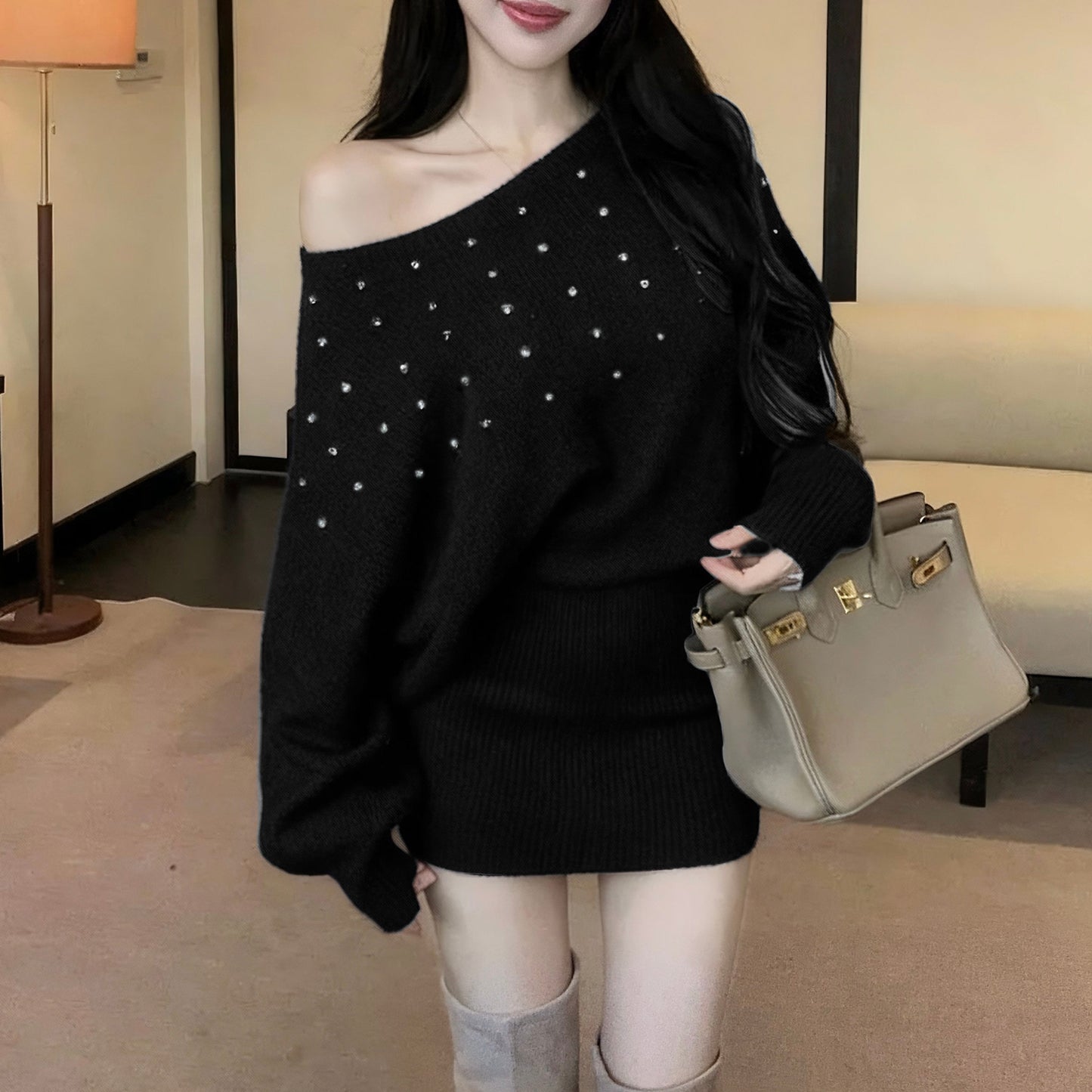 French-Style Sexy Off-Shoulder Rhinestone Knit Dress