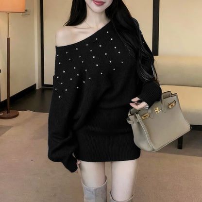French-Style Sexy Off-Shoulder Rhinestone Knit Dress
