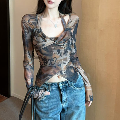 Halter Neck Irregular Fashion Sexy Print Long-Sleeved T-Shirt