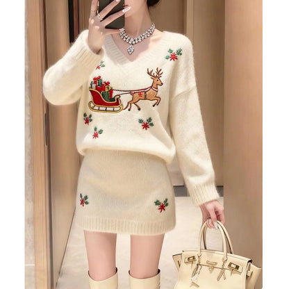 Stylish Reindeer Knit Top And Skirt Two-Piece Set