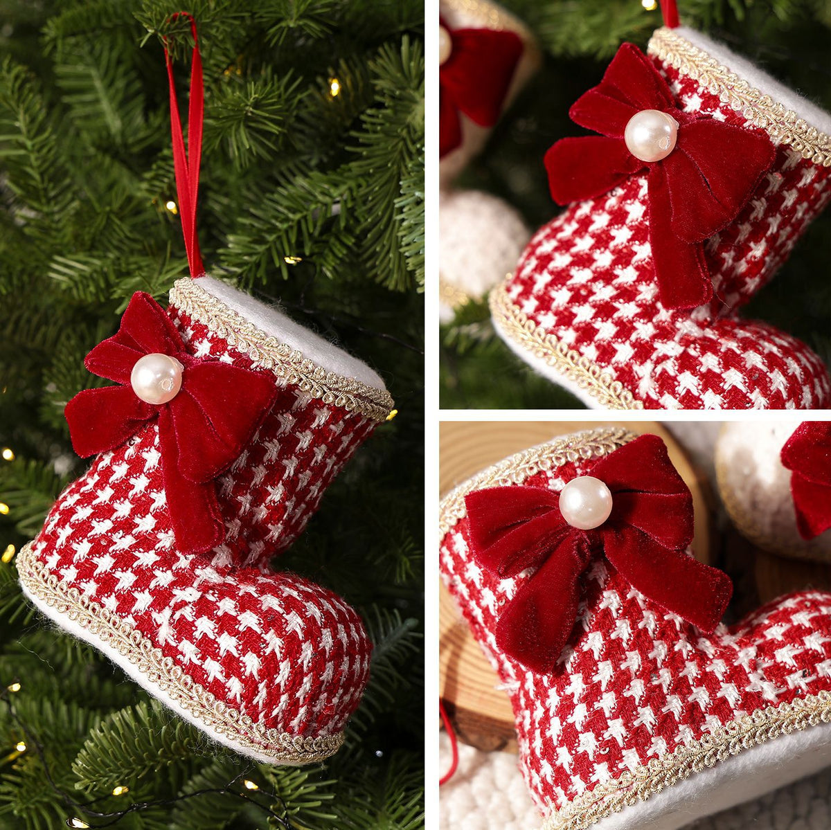Checkered Bow Christmas Boot Charm