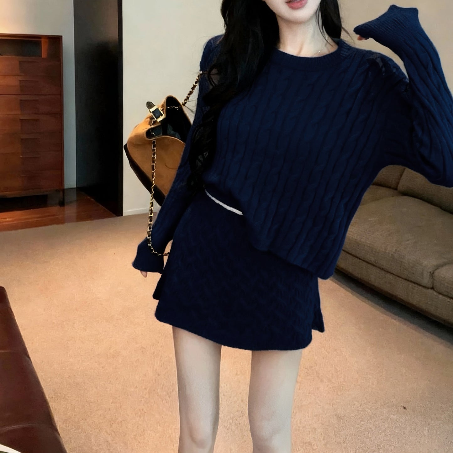 Retro Sexy Round Neck Cable Knit Top High Waist Miniskirt Set
