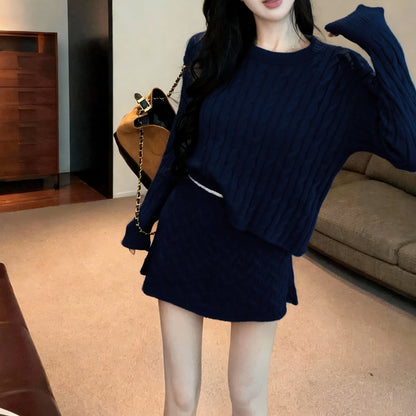 Retro Sexy Round Neck Cable Knit Top High Waist Miniskirt Set