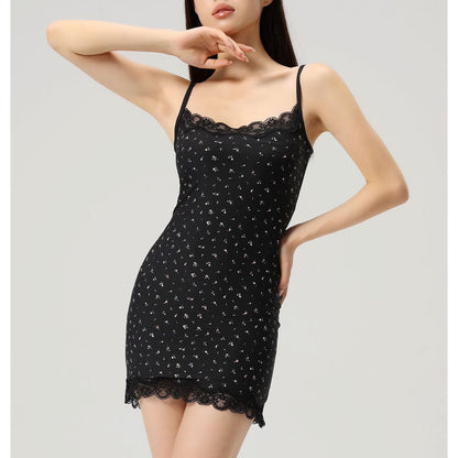 Black Floral Lace-Trimmed Slip Dress