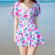 Short sleeve floral beach one-piece swimsuit