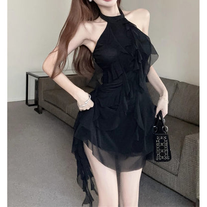 Halter Neck Ribbon Backless Little Black Dress