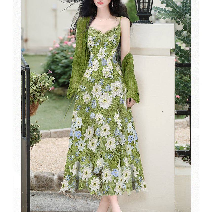 Green Cardigan And Hollow-Out Strap Dress Two-Piece Set