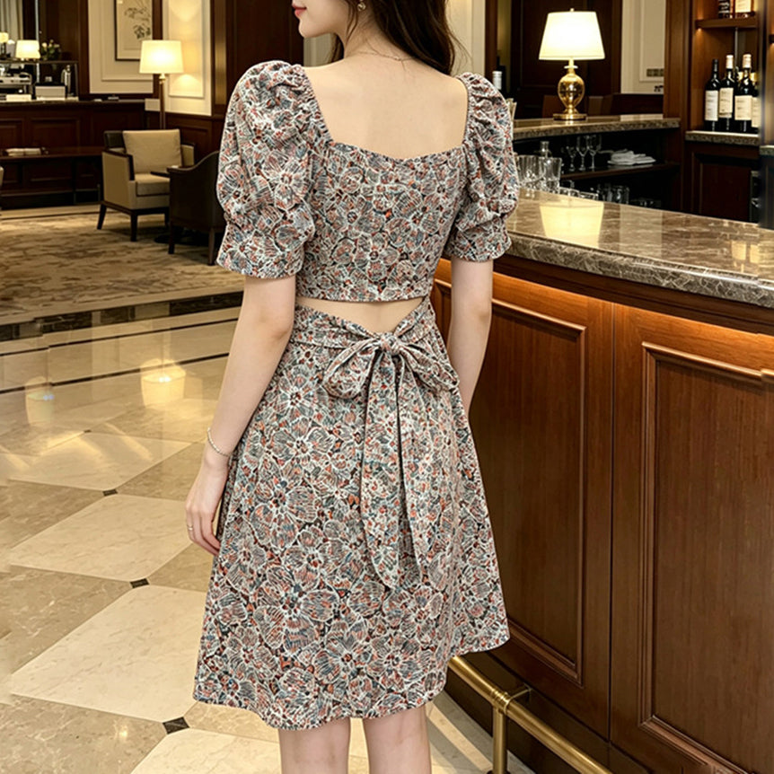 Retro-Style Sexy Floral Puff-Sleeve Dress
