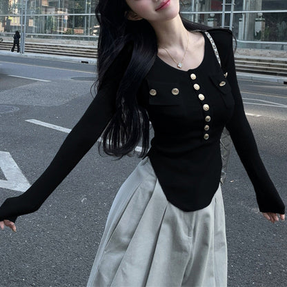 Metallic Single-Breasted Crew-Neck Knit T-Shirt