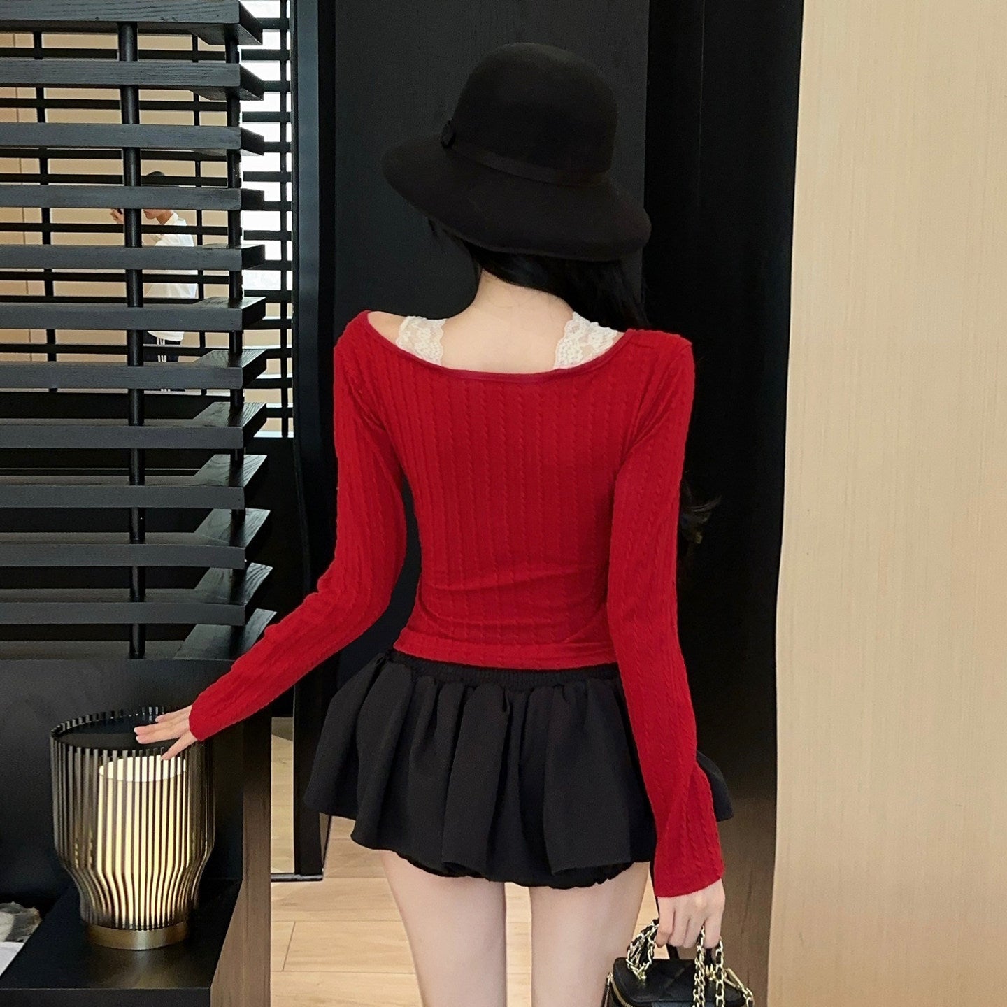 Bow-Detail Lace And Knit Layered-Look Top