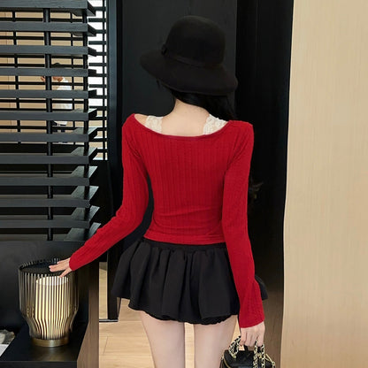 Bow-Detail Lace And Knit Layered-Look Top