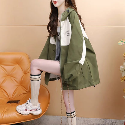 Stylish Color-Blocked Hooded Trench Coat