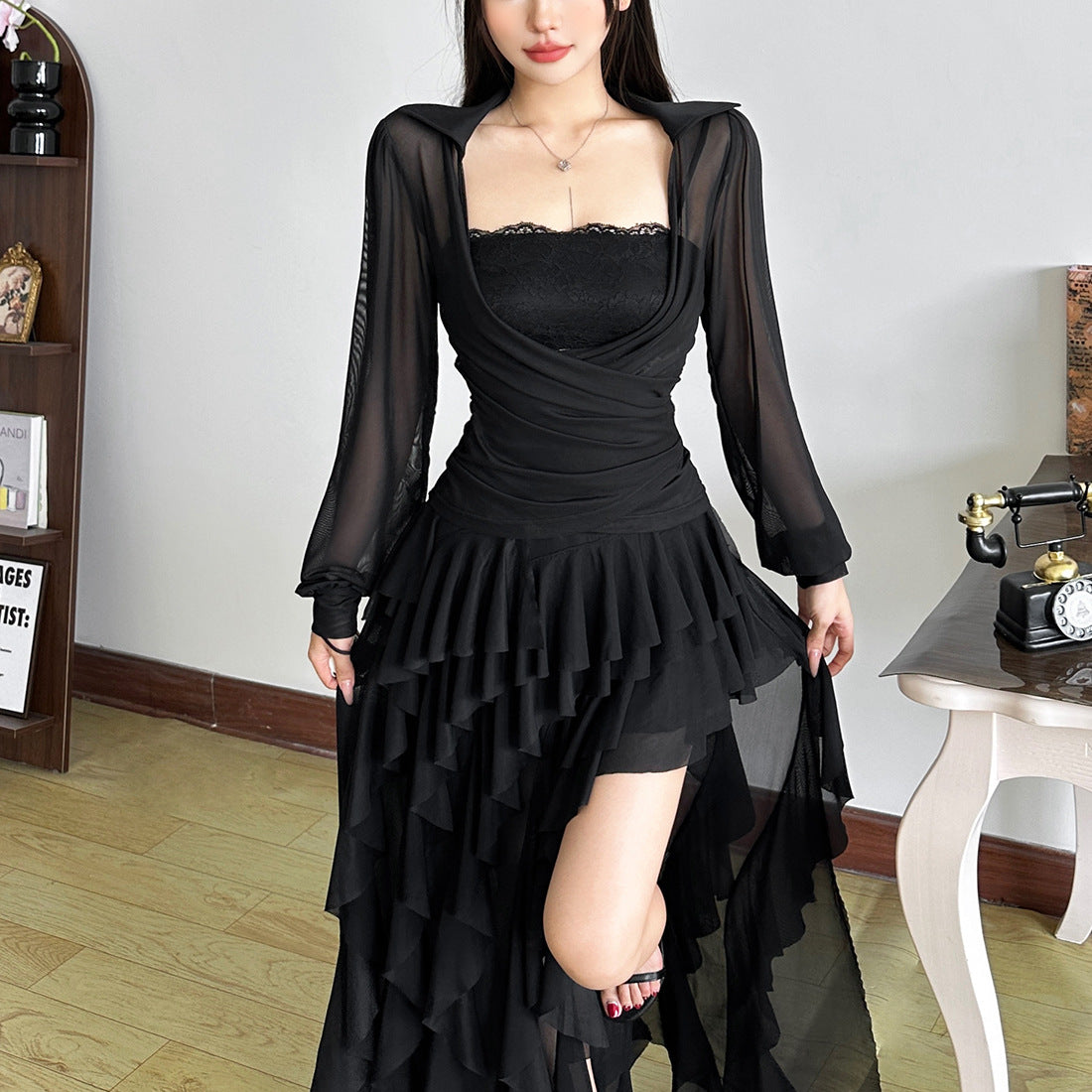 Sexy French Irregular Square Neck Long Top High Waist Slit Skirt Set