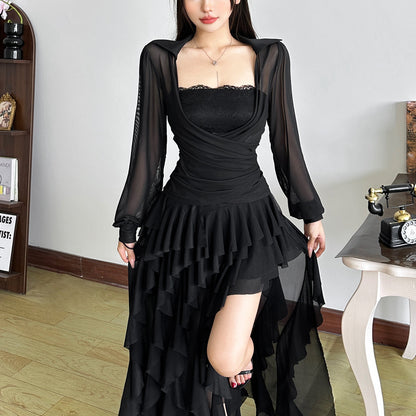 Sexy French Irregular Square Neck Long Top High Waist Slit Skirt Set
