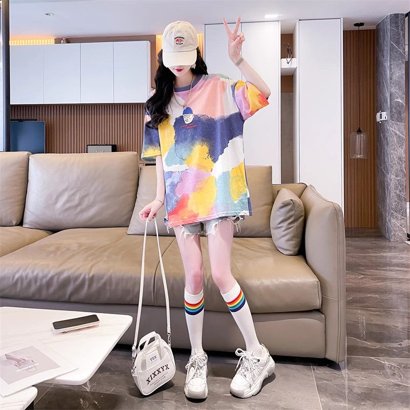Loose-Fitting Oversized Mid-Length Tie-Dye Gradient Top