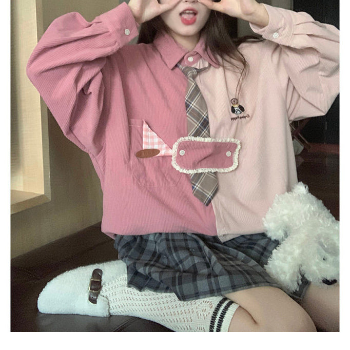 Retro Embroidered Corduroy Color-Blocked Tie Shirt