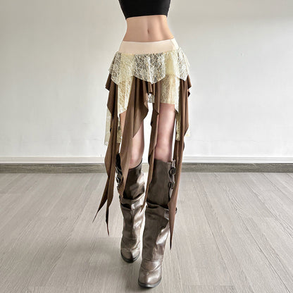 Multi-Layer Lace Patchwork Irregular Tassel Contrasting Color Skirt