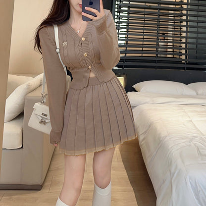 Fashionable And Sexy V-Neck Single-Breasted Knitted Cardigan Top And Skirt Two-Piece Set
