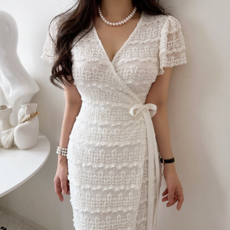 Elegant Lace V-Neck Tie-Waist Long Dress